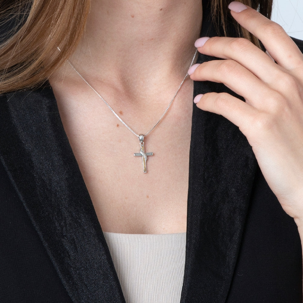Wrapped Cross Pendant Necklace in 925 Sterling Silver, Gold Plated – shown worn, close-up