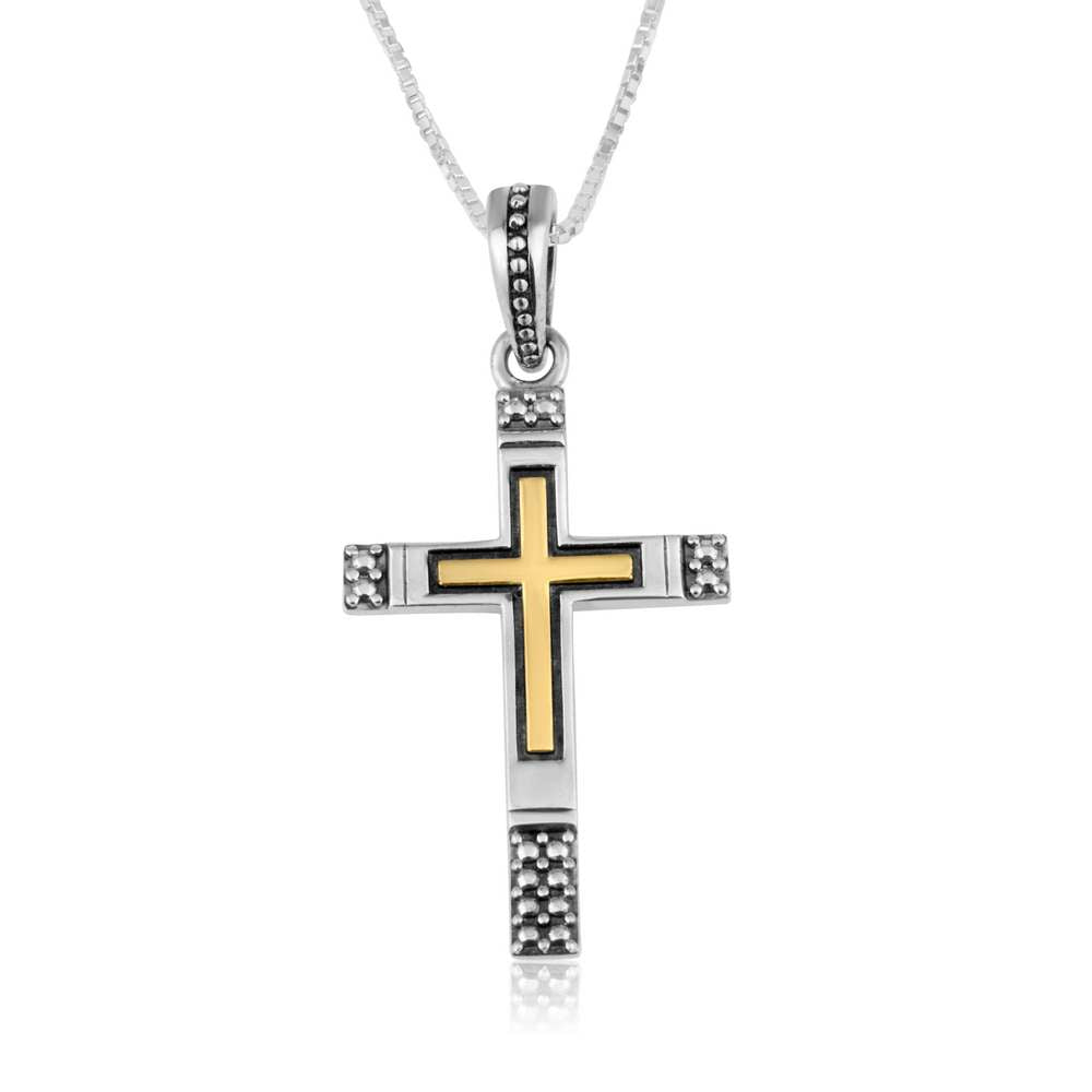 Two-Tone Cross Pendant Necklace, Beaded Block Ends, 925 Sterling Silver