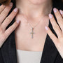 Two-Tone Cross Pendant Necklace, Beaded Block Ends, 925 Sterling Silver – shown worn, close-up