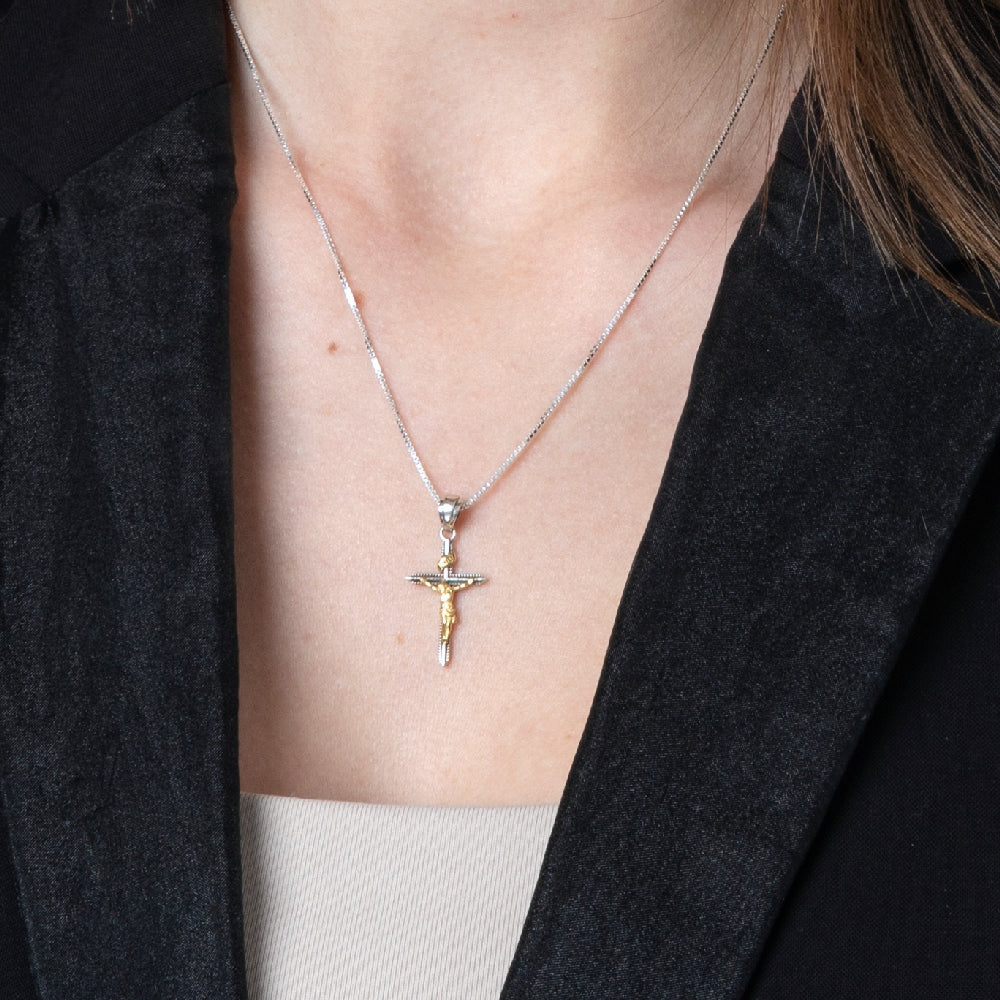 Crucifix Pendant Necklace in 925 Sterling Silver, Gold Plated – shown worn, close-up