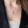 Cross Pendant Necklace in 925 Sterling Silver, Center Knot – shown worn, close-up