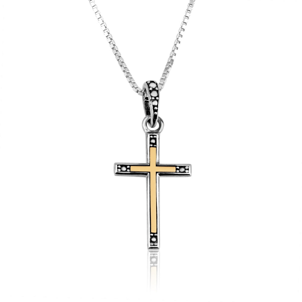 Two-Tone Cross Pendant Necklace, Slim Dotted Tips, 925 Sterling Silver