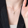 Two-Tone Cross Pendant Necklace, Slim Dotted Tips, 925 Sterling Silver – shown worn, close-up