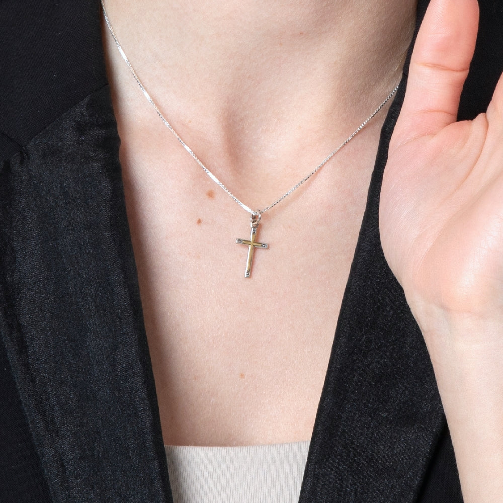 Two-Tone Cross Pendant Necklace, Slim Dotted Tips, 925 Sterling Silver – shown worn, close-up