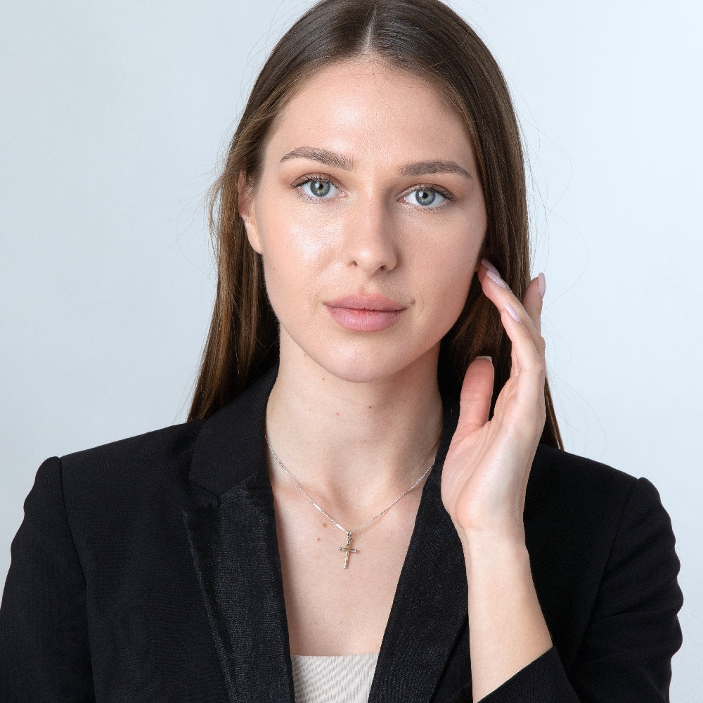 Two-Tone Cross Pendant Necklace, Slim Dotted Tips, 925 Sterling Silver – shown worn