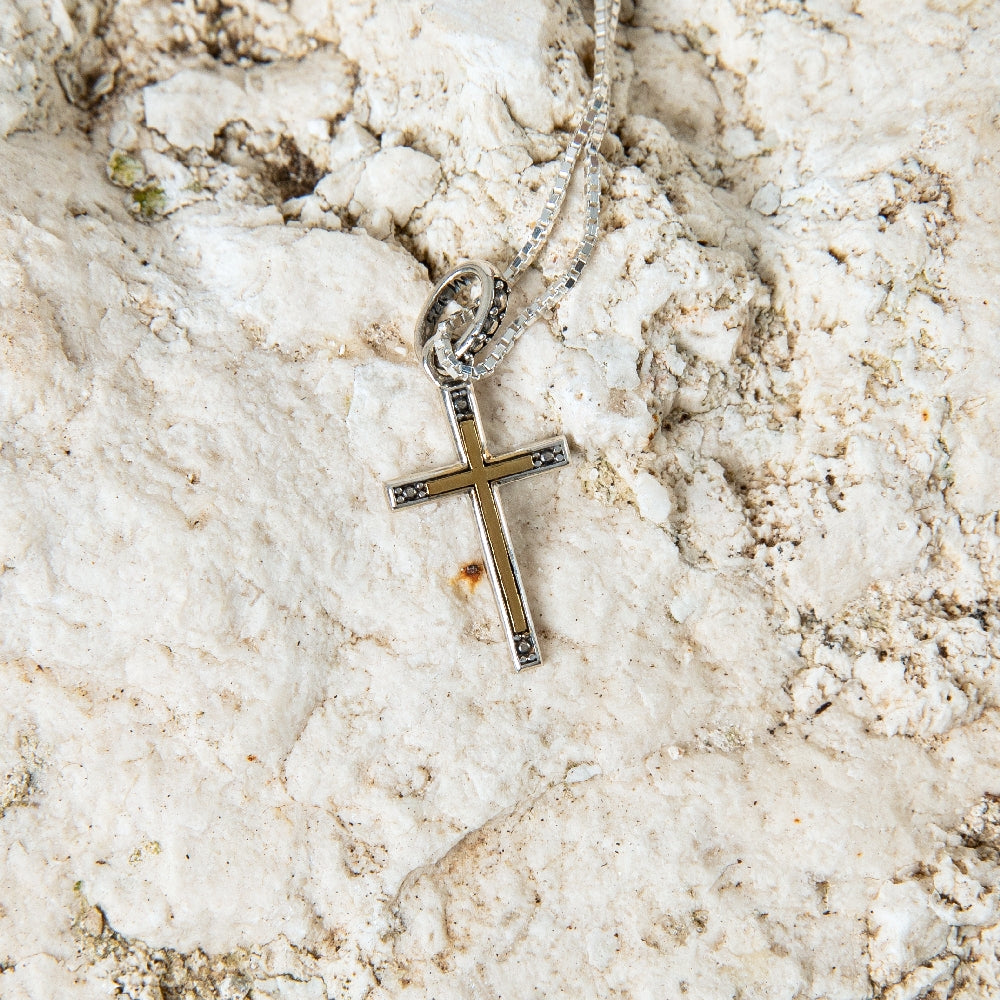 Two-Tone Cross Pendant Necklace, Slim Dotted Tips, 925 Sterling Silver – flat lay