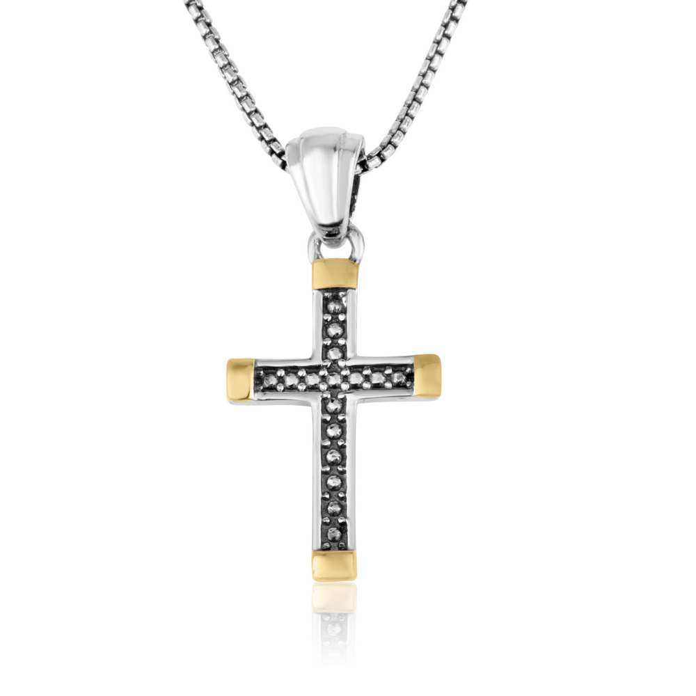 Densely pave-textured cross pendant with gold-plated end caps in 925 sterling silver by Marina Jewelry