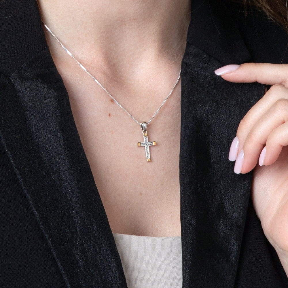 Pave Cross Pendant Necklace in 925 Sterling Silver, Gold Plated – shown worn, close-up