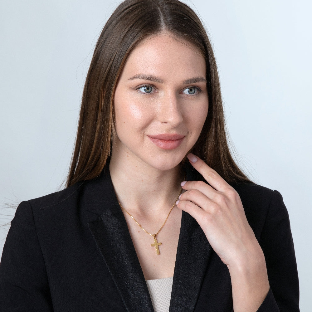 Plain Cross Pendant Necklace in 925 Sterling Silver, Gold Plated – shown worn