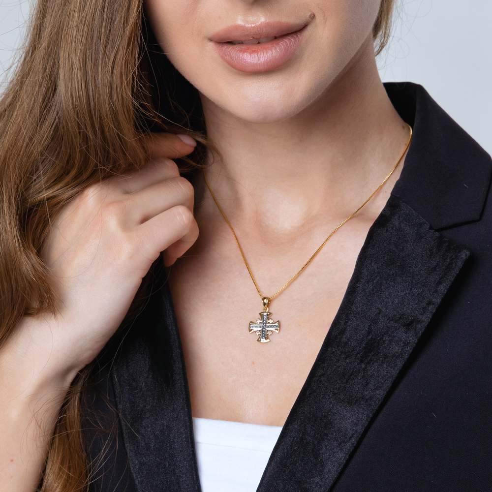 Two-Tone Jerusalem Cross Pendant Necklace, Flared Gold Frame, 925 Sterling Silver – shown worn, close-up