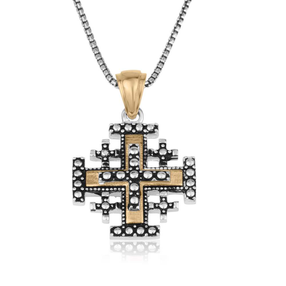 Two-Tone Jerusalem Cross Pendant Necklace, Dotted Dark Body, 925 Sterling Silver