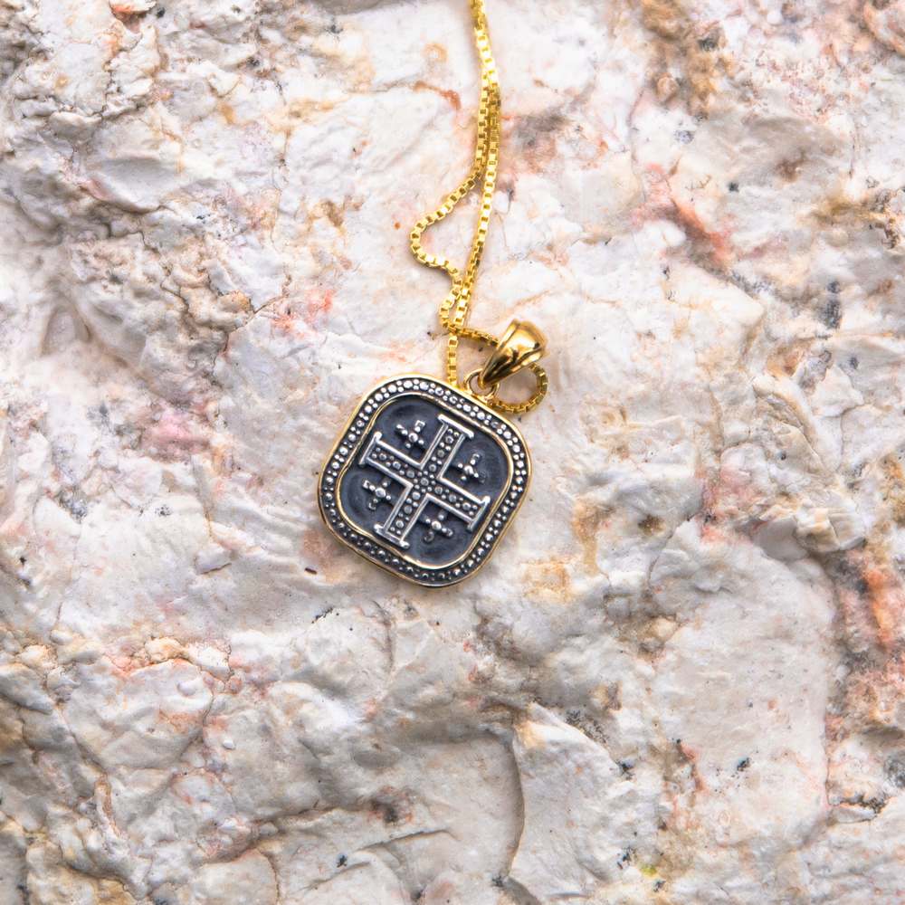 Jerusalem Cross Medallion Necklace, Square Gold Frame, 925 Sterling Silver – flat lay