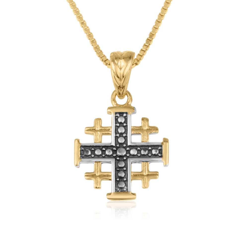 Two-Tone Jerusalem Cross Pendant Necklace, Gold Body, 925 Sterling Silver