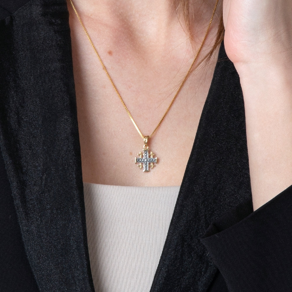 Two-Tone Jerusalem Cross Pendant Necklace, Gold Body, 925 Sterling Silver – shown worn, close-up