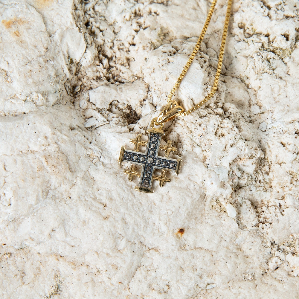Two-Tone Jerusalem Cross Pendant Necklace, Gold Body, 925 Sterling Silver – flat lay