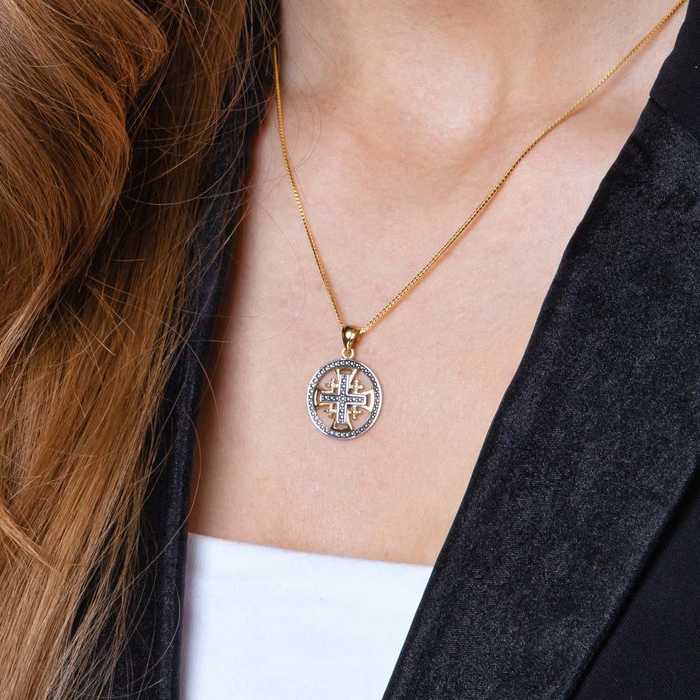 Round Jerusalem Cross Medallion Pendant Necklace in 925 Sterling Silver, Oxidized – shown worn, close-up