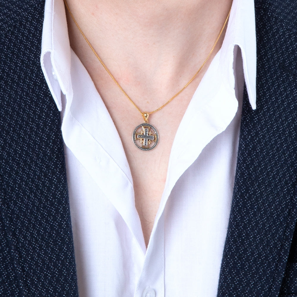 Round Jerusalem Cross Medallion Pendant Necklace in 925 Sterling Silver, Oxidized – shown worn, close-up