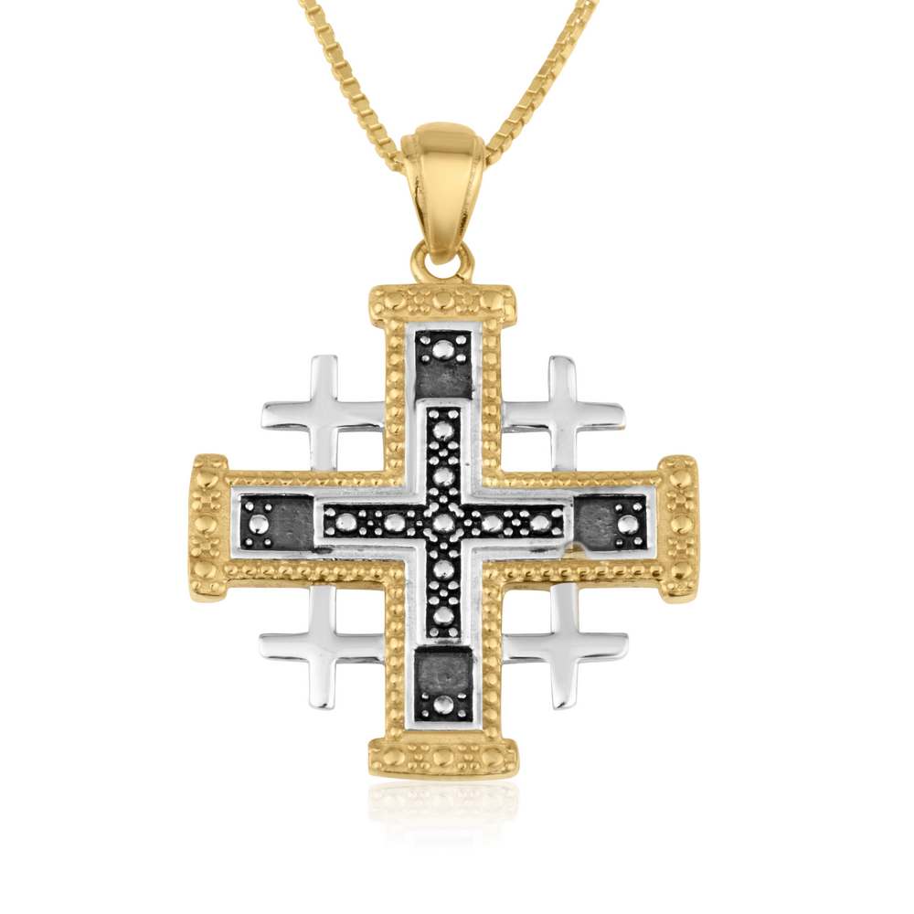 Two-Tone Jerusalem Cross Pendant Necklace, Gold Beaded Edge, Dark Center, 925 Sterling Silver