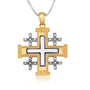 Two-Tone Jerusalem Cross Pendant Necklace, Gold Frame, Silver Center, 925 Sterling Silver