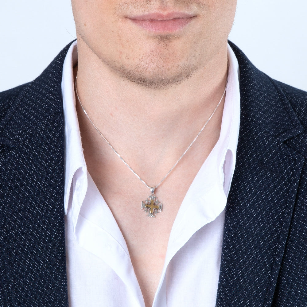 Two-Tone Jerusalem Cross Pendant Necklace, Gold Frame, Silver Center, 925 Sterling Silver – shown worn, close-up