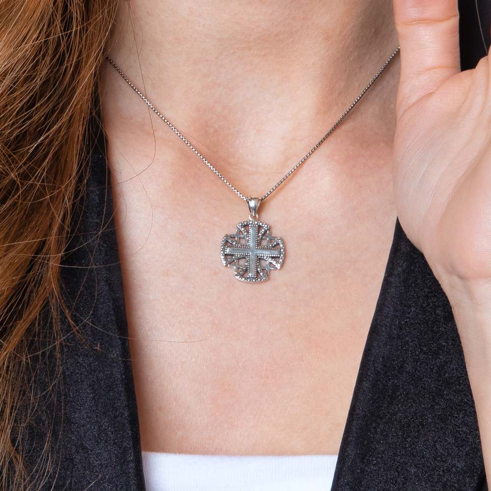 Beaded Jerusalem Cross Pendant Necklace in 925 Sterling Silver – shown worn, close-up