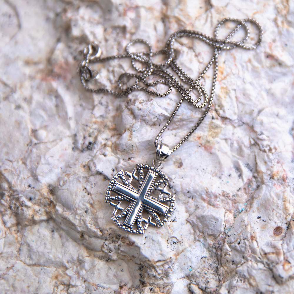 Beaded Jerusalem Cross Pendant Necklace in 925 Sterling Silver – flat lay