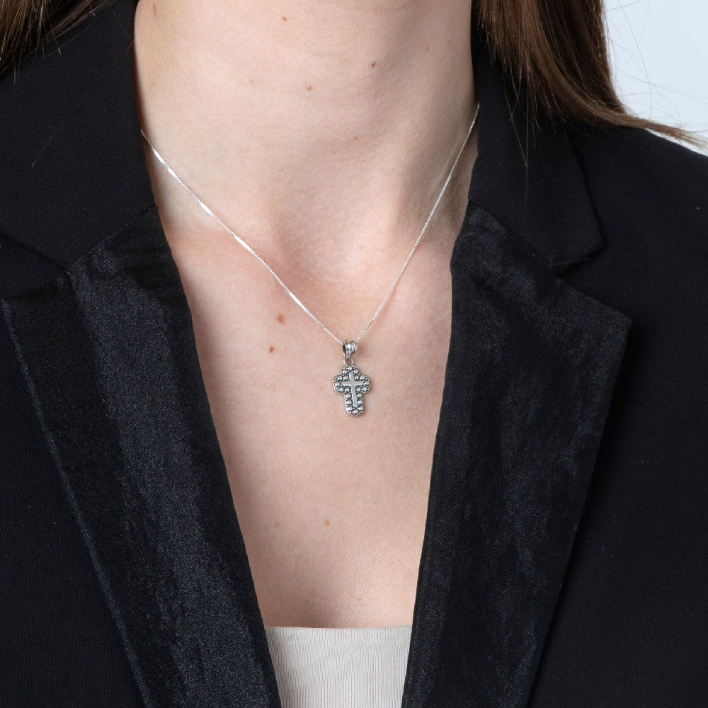 Beaded Cross Pendant Necklace in 925 Sterling Silver – shown worn, close-up