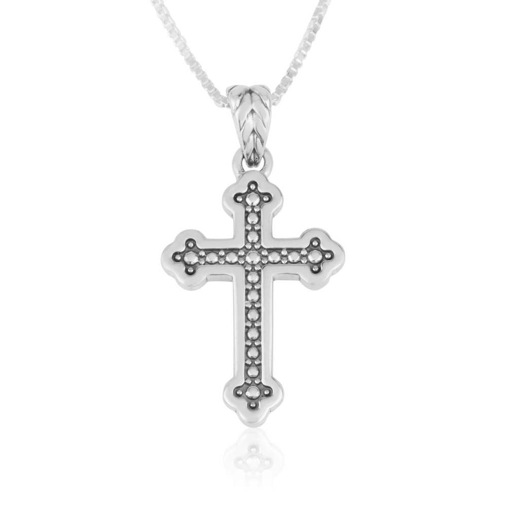 Budded Cross Pendant Necklace, Beaded Oxidized Center, 925 Sterling Silver