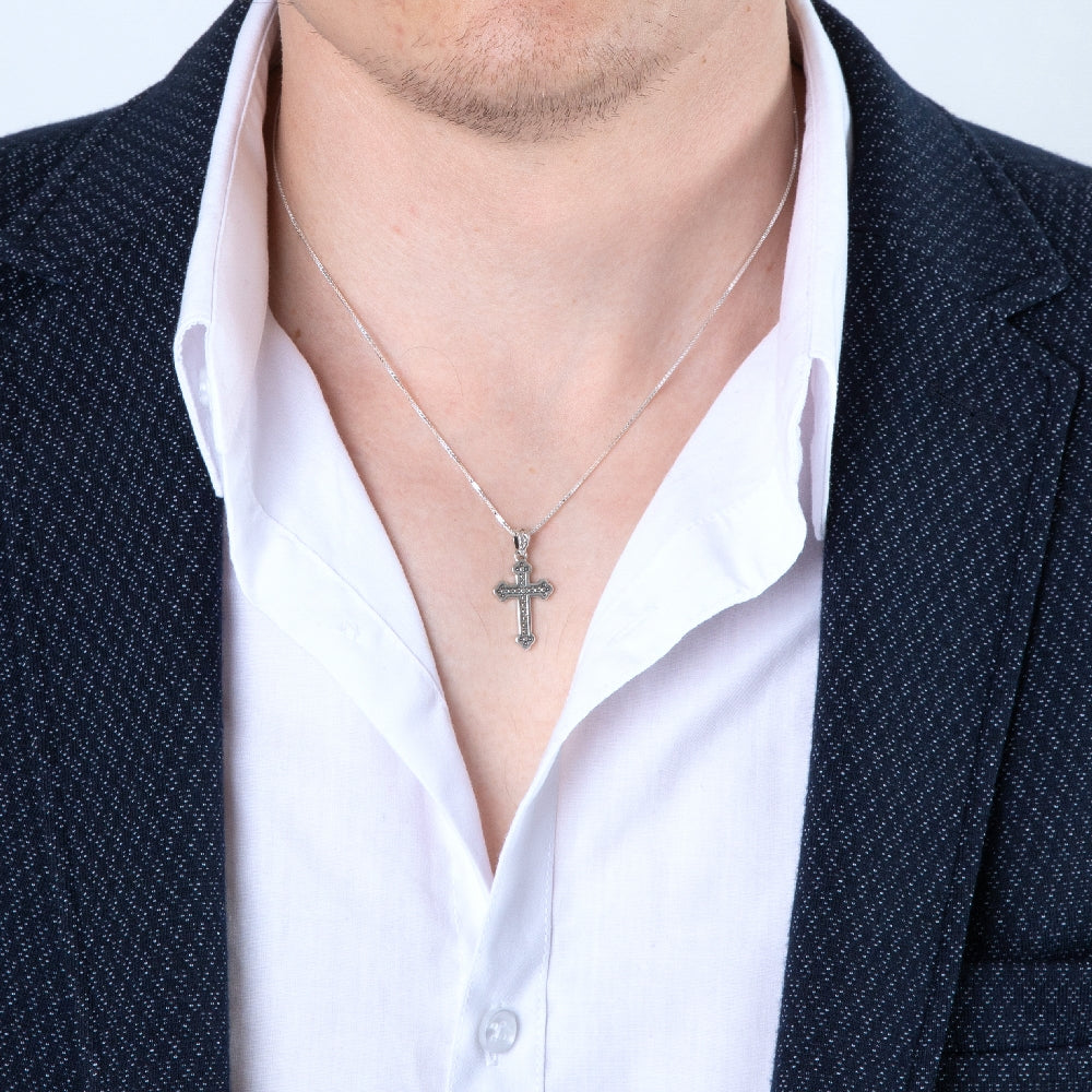 Budded Cross Pendant Necklace, Beaded Oxidized Center, 925 Sterling Silver – shown worn, close-up