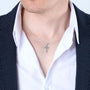 Budded Cross Pendant Necklace, Beaded Oxidized Center, 925 Sterling Silver – shown worn, close-up