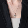 Budded Cross Pendant Necklace, Beaded Oxidized Center, 925 Sterling Silver – shown worn, close-up