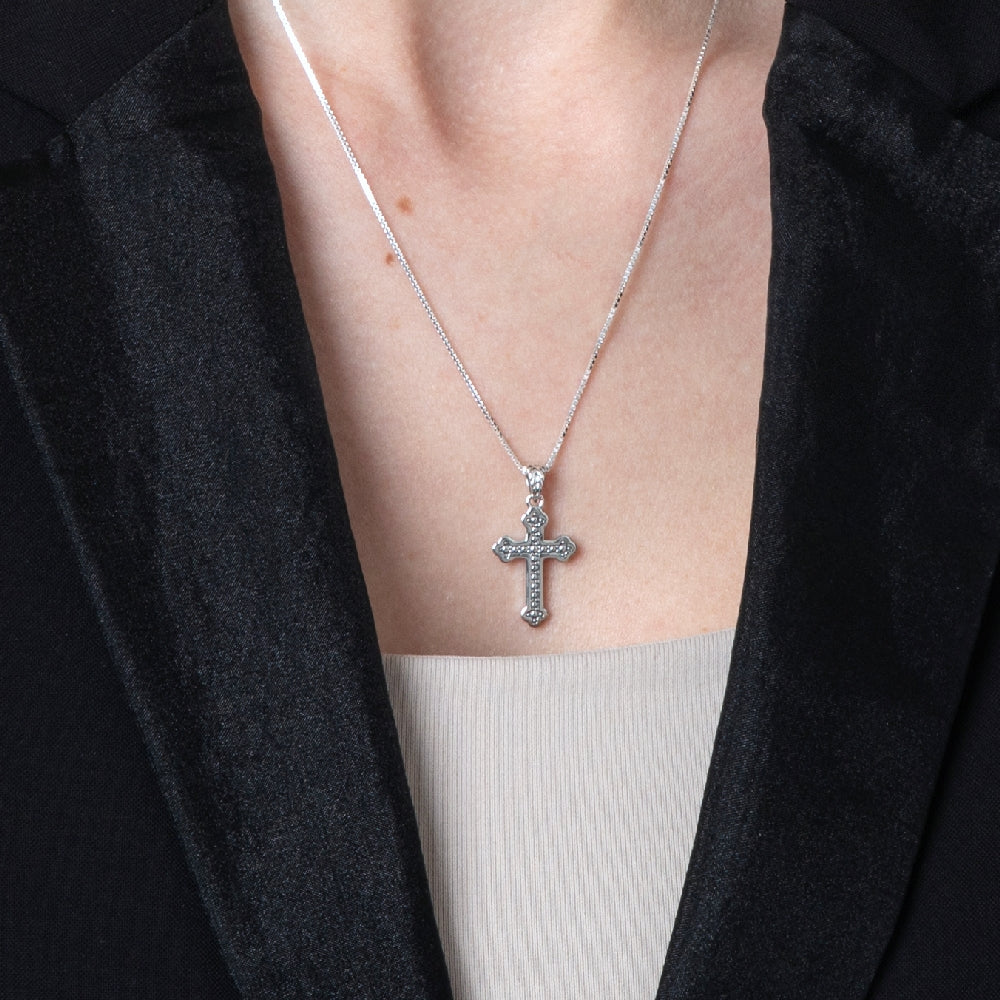 Budded Cross Pendant Necklace, Beaded Oxidized Center, 925 Sterling Silver – shown worn, close-up