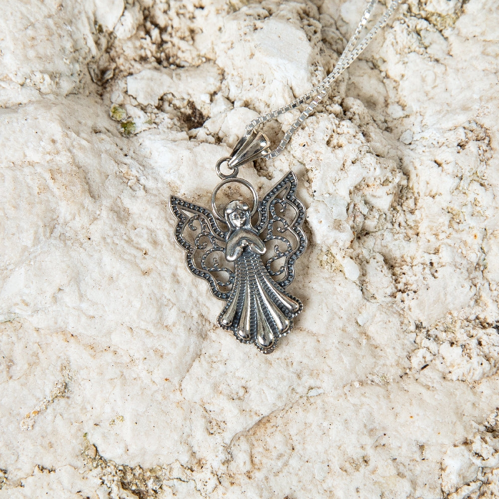 Filigree Angel Pendant Necklace in 925 Sterling Silver – flat lay