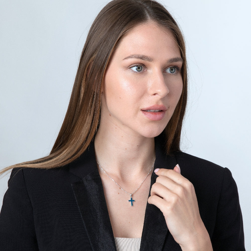 Eilat Stone Latin Cross Pendant Necklace, Slim Inlay, 925 Sterling Silver – shown worn