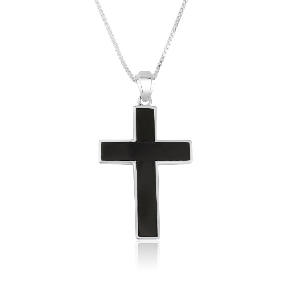 Black onyx cross pendant necklace, large, 925 sterling silver, by Marina Jewelry