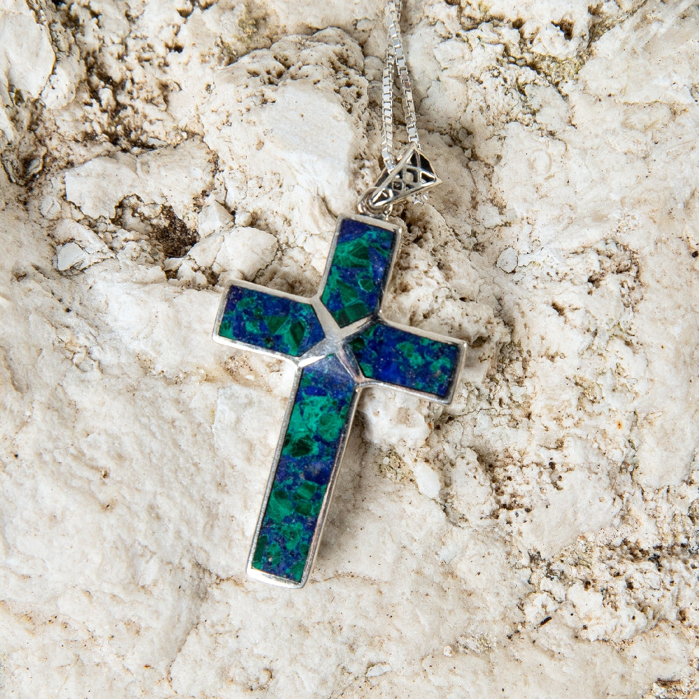 Eilat Stone Latin Cross Pendant Necklace, Ornate Bail, 925 Sterling Silver – flat lay