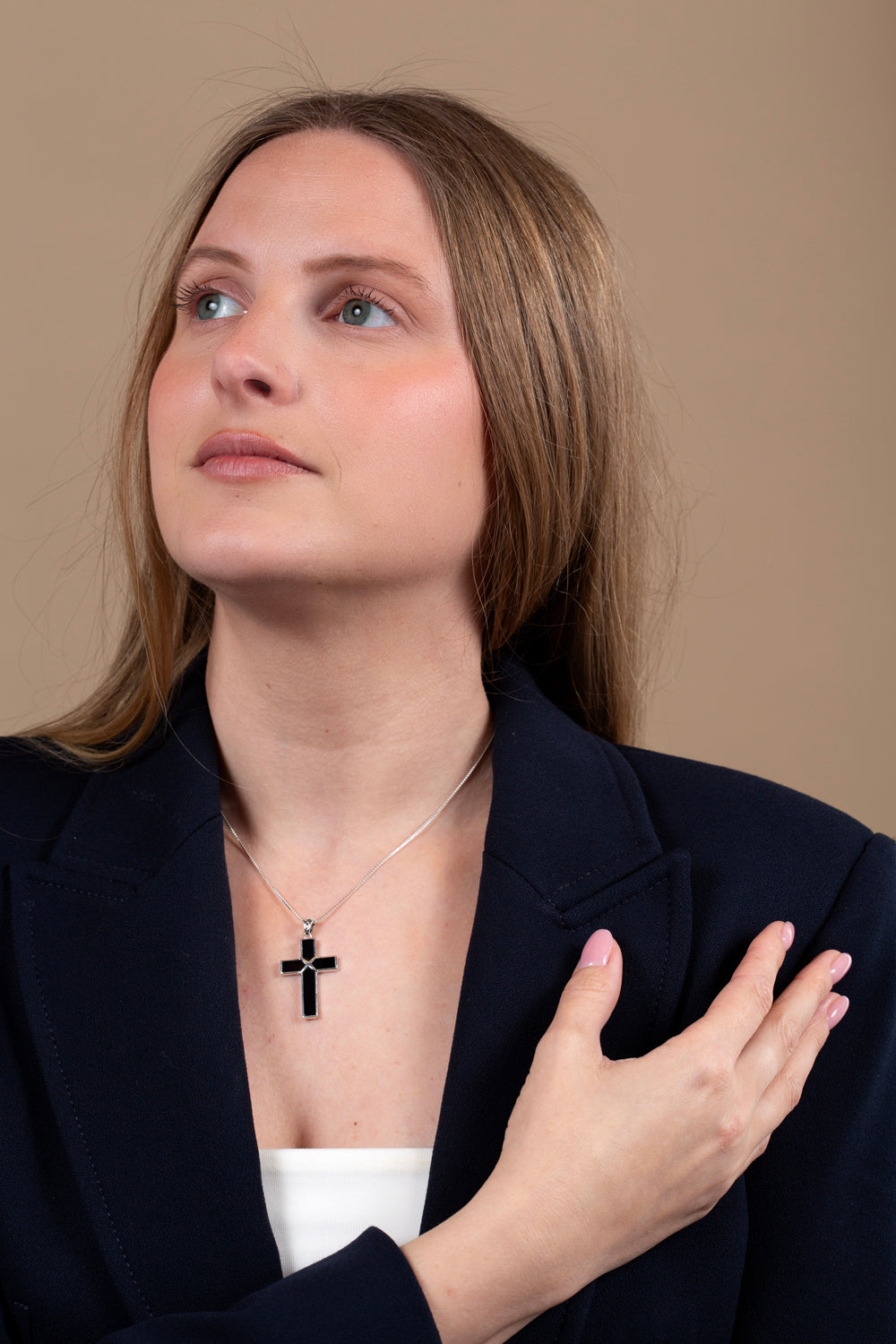 Black Onyx Cross Pendant Necklace with Star Detail, 925 Sterling Silver – shown worn