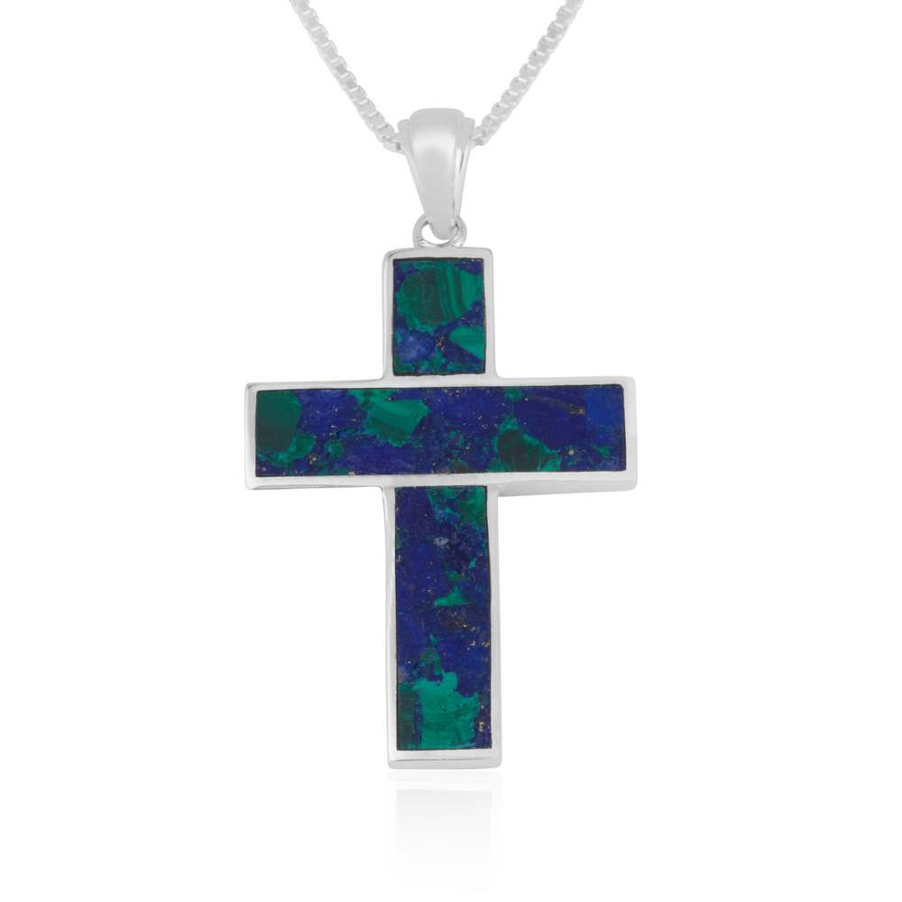 Eilat Stone Latin Cross Pendant Necklace, Wide Inlaid Arms, 925 Sterling Silver