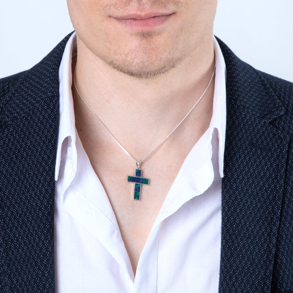 Eilat Stone Latin Cross Pendant Necklace, Wide Inlaid Arms, 925 Sterling Silver – shown worn, close-up