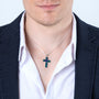 Eilat Stone Latin Cross Pendant Necklace, Wide Inlaid Arms, 925 Sterling Silver – shown worn, close-up