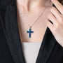 Eilat Stone Latin Cross Pendant Necklace, Wide Inlaid Arms, 925 Sterling Silver – shown worn, close-up