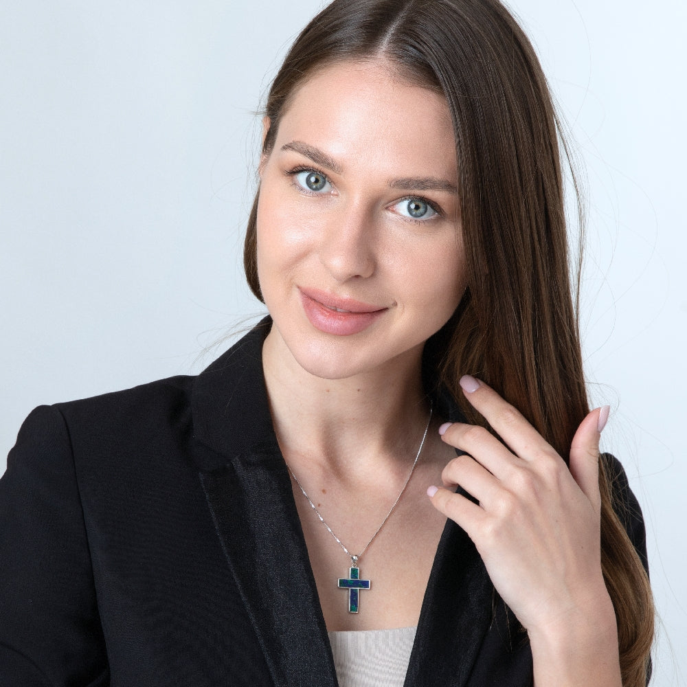 Eilat Stone Latin Cross Pendant Necklace, Wide Inlaid Arms, 925 Sterling Silver – shown worn
