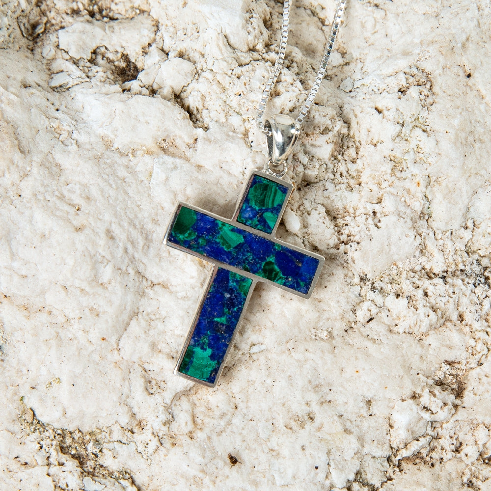 Eilat Stone Latin Cross Pendant Necklace, Wide Inlaid Arms, 925 Sterling Silver – flat lay