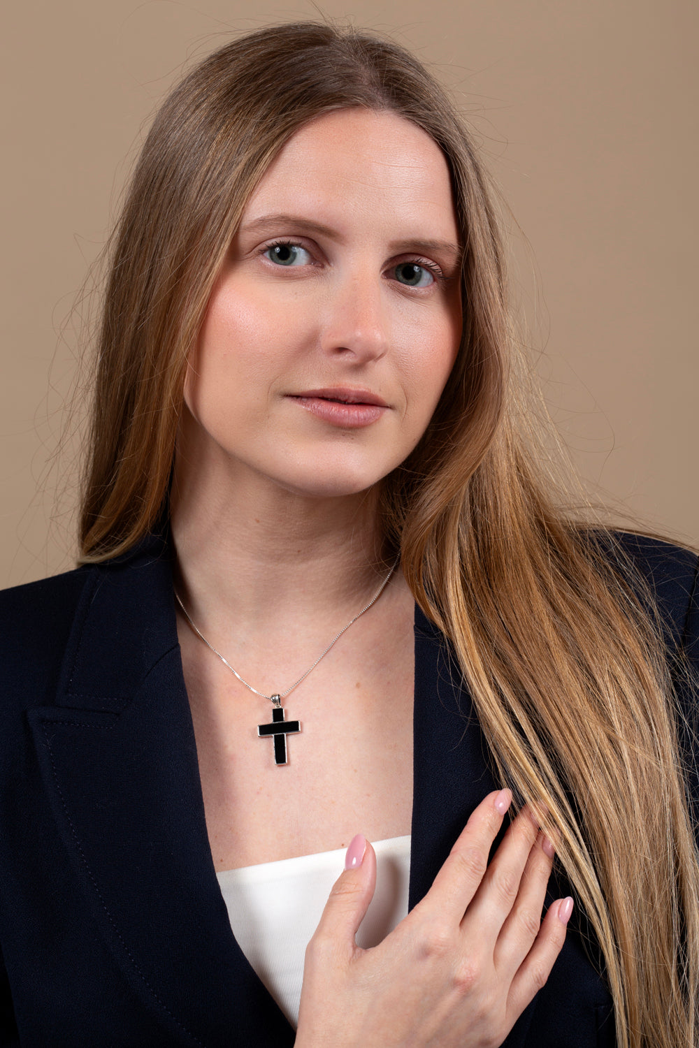 Black Onyx Cross Pendant Necklace, Segmented, 925 Sterling Silver – shown worn