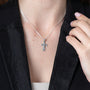Crucifix Pendant Necklace in 925 Sterling Silver, Beaded Border – shown worn, close-up