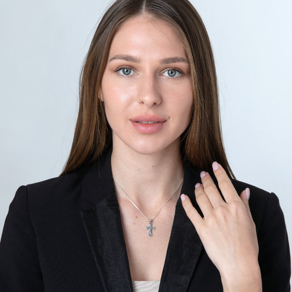 Crucifix Pendant Necklace in 925 Sterling Silver, Beaded Border – shown worn