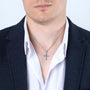 Beaded Medallion Cross Pendant Necklace in 925 Sterling Silver – shown worn, close-up