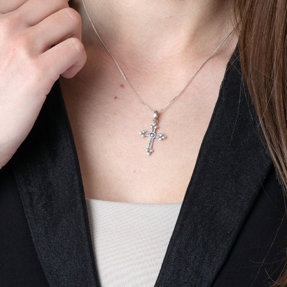 Beaded Medallion Cross Pendant Necklace in 925 Sterling Silver – shown worn, close-up