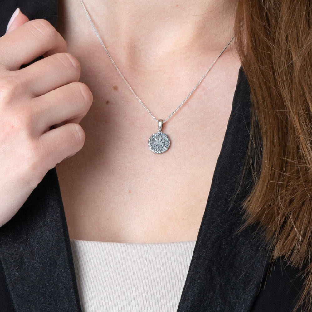 Grape Leaf Coin Pendant Necklace in 925 Sterling Silver, Oxidized – shown worn, close-up