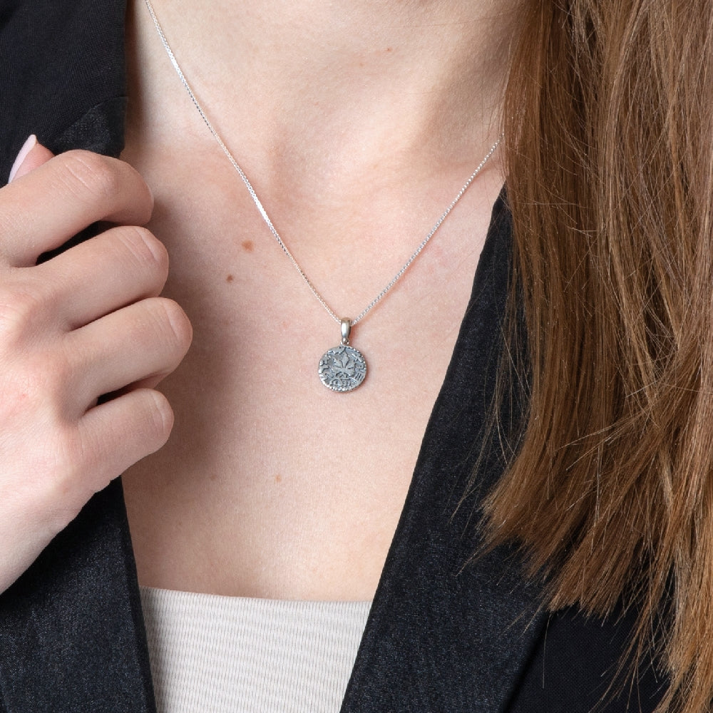 Grape Leaf Coin Pendant Necklace in 925 Sterling Silver, Oxidized – shown worn, close-up